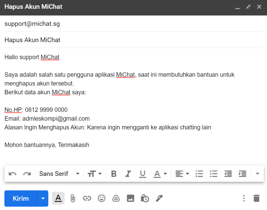 Hapus MiChat Lewat Email