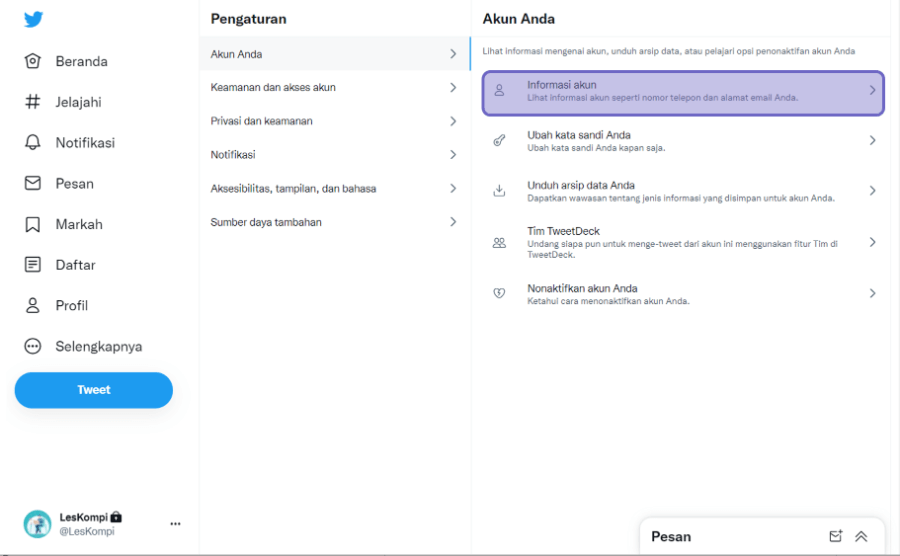 Opsi Informasi Akun Twitter