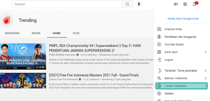 Klik Menu Lokasi di Youtube PC