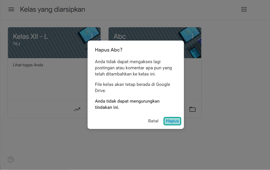 Opsi Hapus Kelas di Classroom