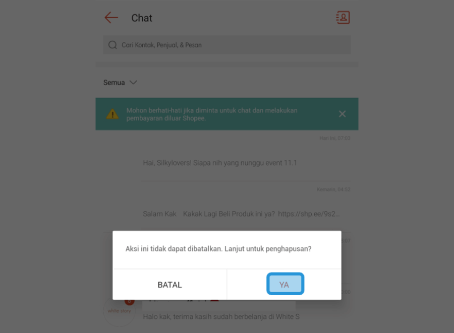 Contoh Konfirmasi Hapus Pesan Shopee