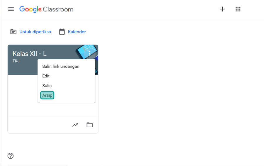 Menu Arsip di Classroom