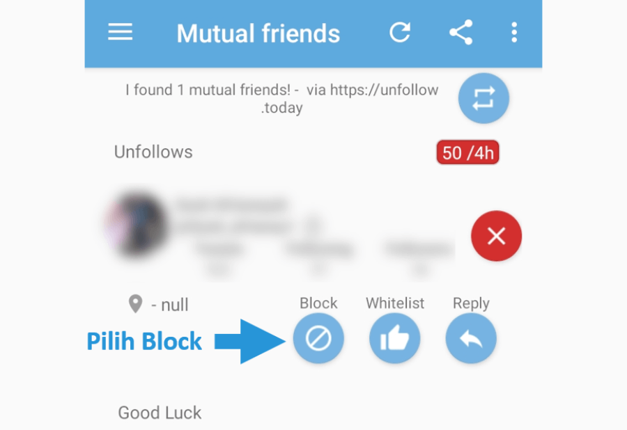 Pilih Menu Block di Aplikasi Unfollow Today