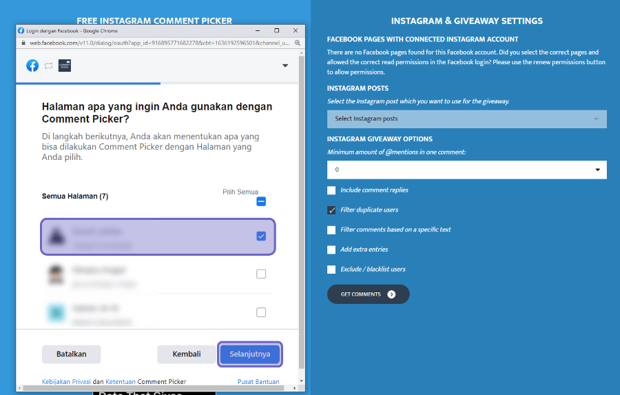 Pilih Halaman Facebook