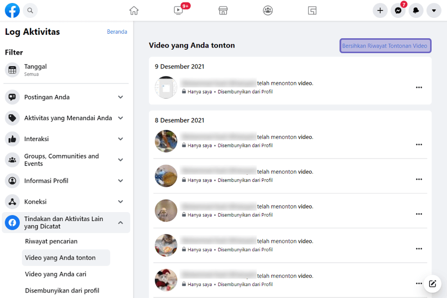 Opsi Bersihkan Riwayat Tontonan Facebook