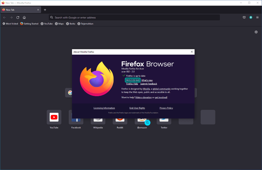 Contoh Berhasil Mengecek Versi Firefox