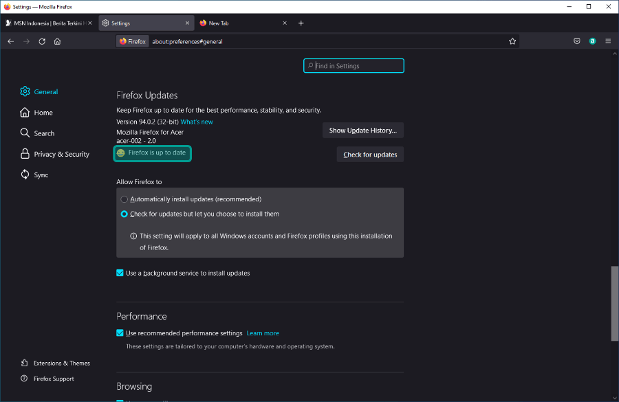 Contoh Selesai Update Firefox