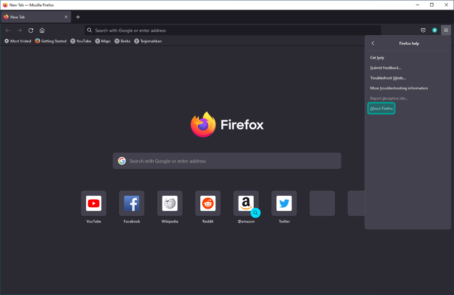 Menu About Firefox