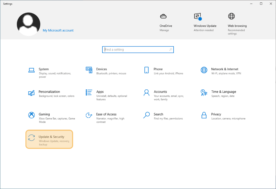 Kolom Menu Update and Security di Settings Windows