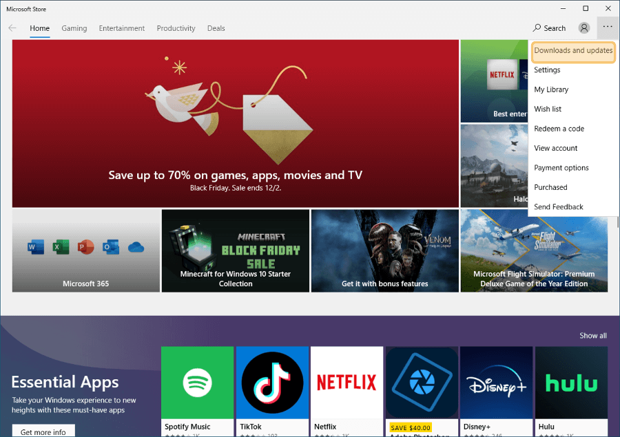 Opsi Download and Updates di Microsoft Store