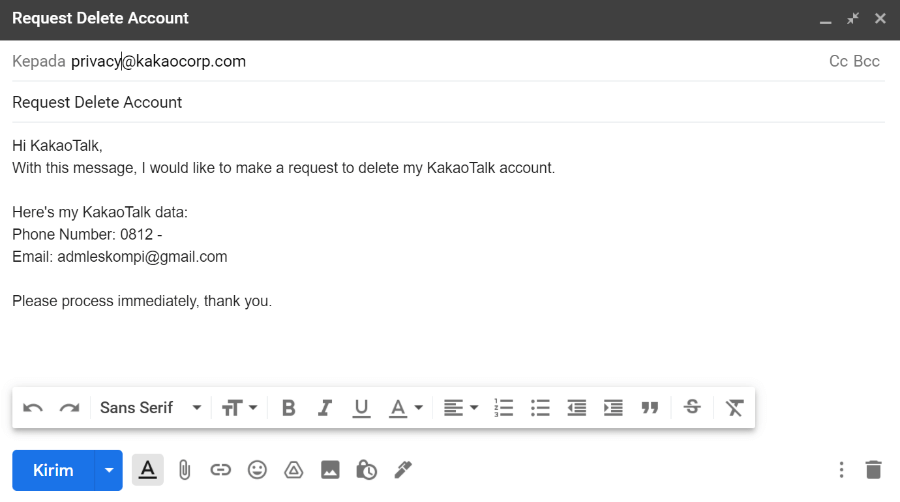 Mengirim Email ke KakaoTalk