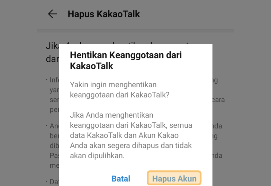 Konfirmasi Penghapusan Akun KakaoTalk