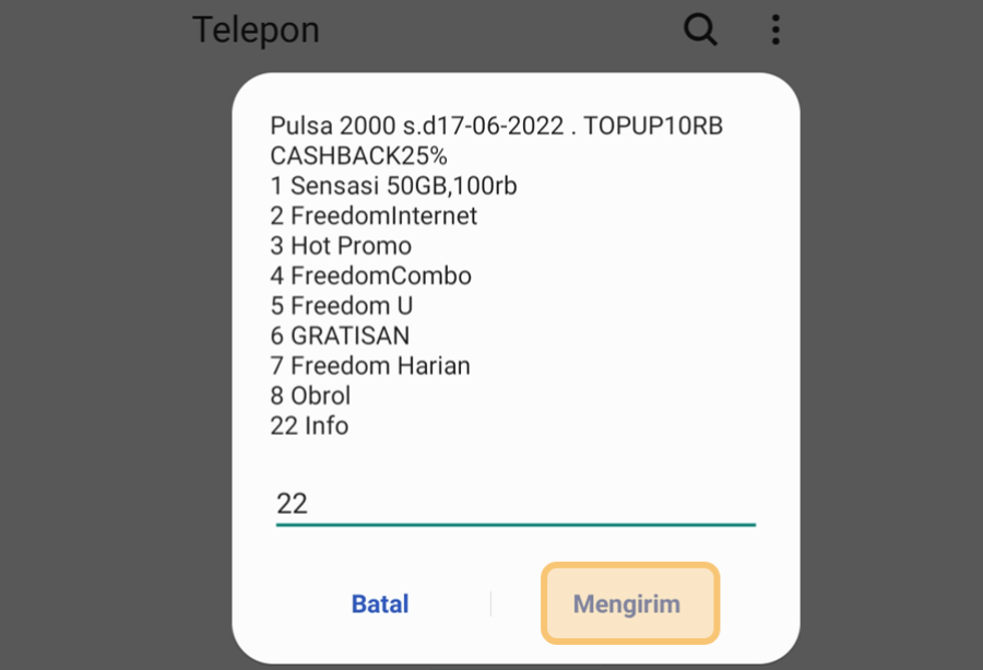 Masukkan Opsi Info Indosat