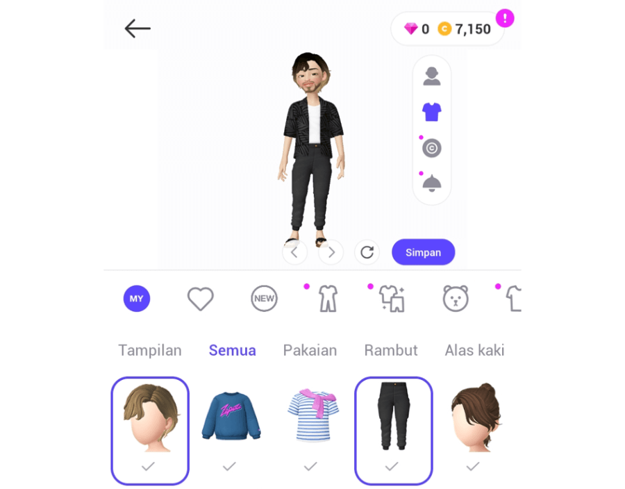 Menu Karakter di Zepeto