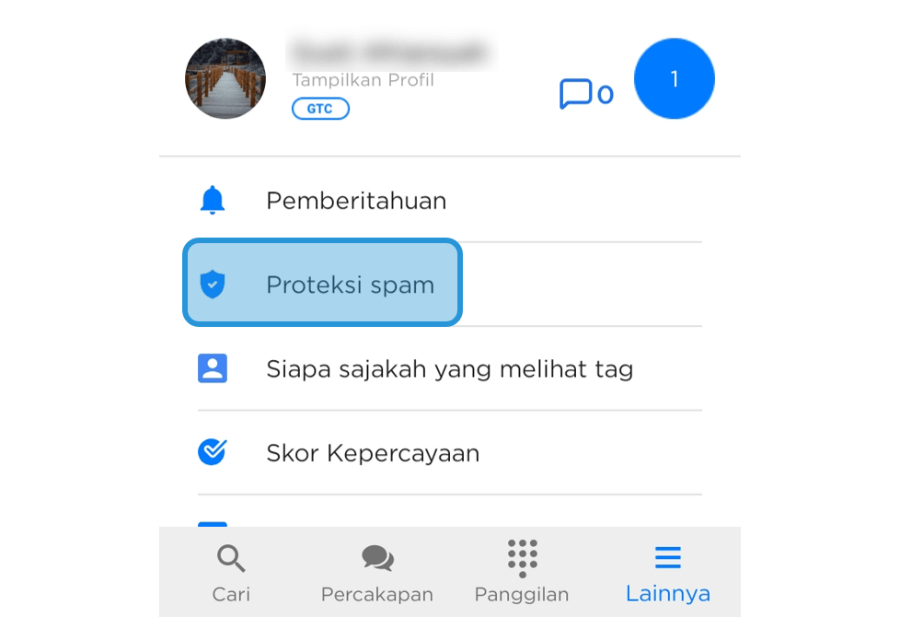 Menu Proteksi Spam GetContact