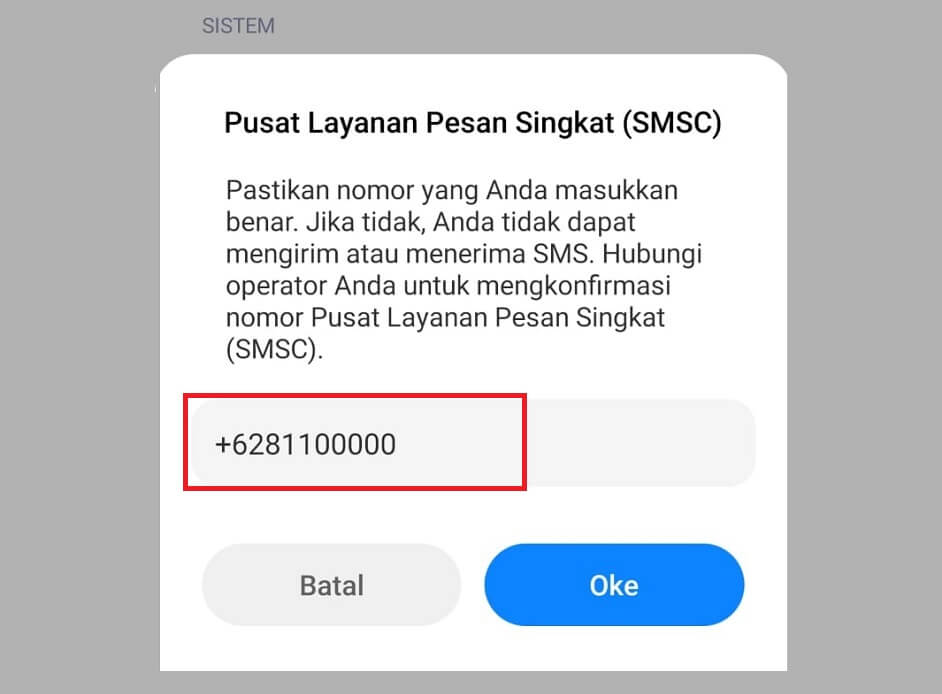 Menu SMSC di Pengaturan Pesan HP