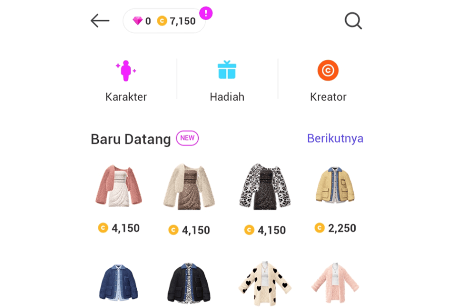 Menu Toko di Zepeto