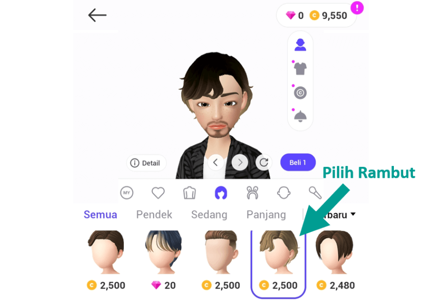 Memilih Item Rambut di Zepeto