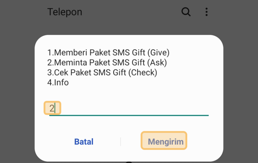 Opsi Meminta Paket SMS Gift