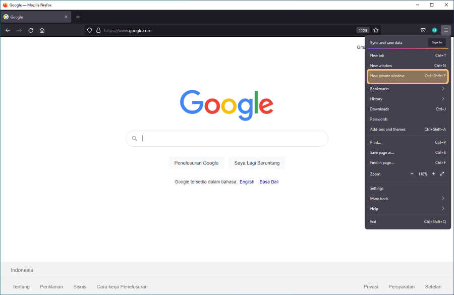 Memilih New Private di Windows