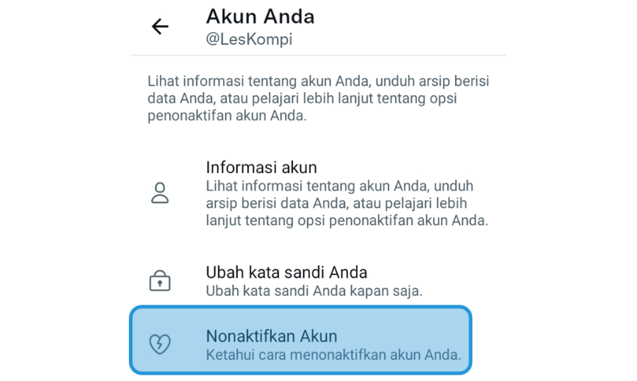 Memilih Opsi Nonaktifkan Akun