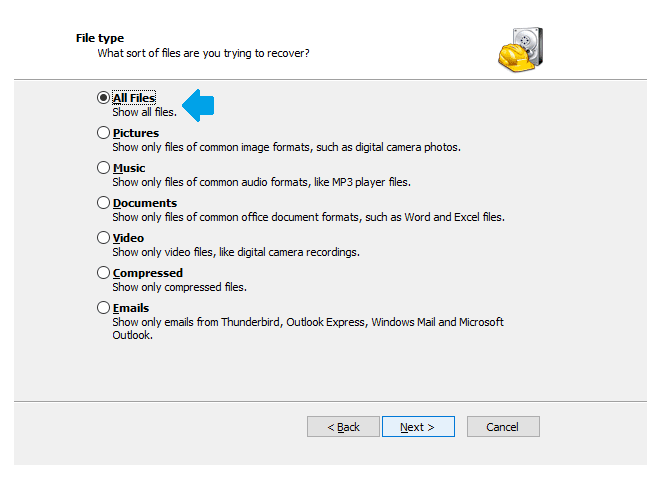 Menu Atur All Files di Recuva
