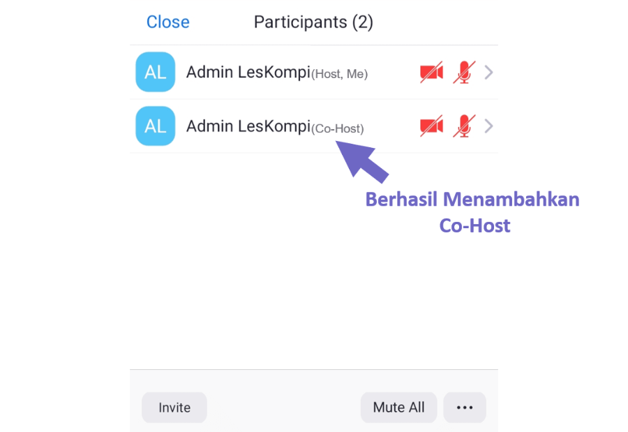 Contoh Selesai Menambahkan Co Host di Zoom