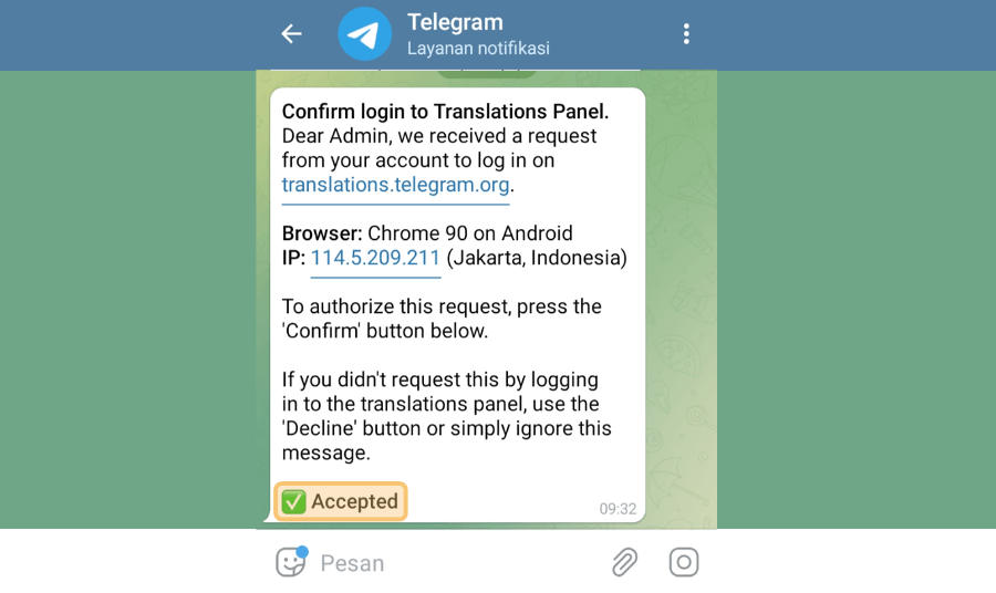 Contoh Selesai Mengkonfirmasi Login Akun Telegram