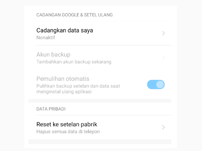 Menu Reset HP ke Pabrik