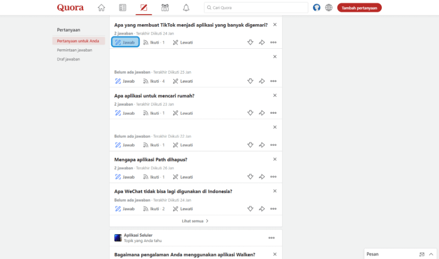 Klik Opsi Jawab di Quora