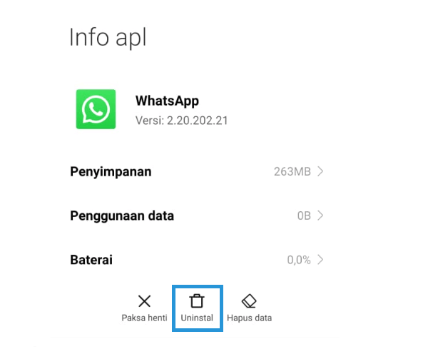 Menu Hapus Aplikasi WhatsApp