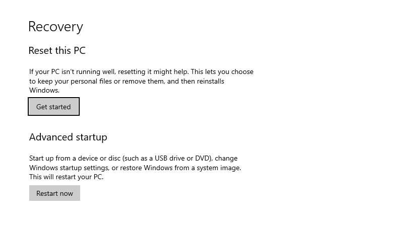 Menu Reset Windows 10