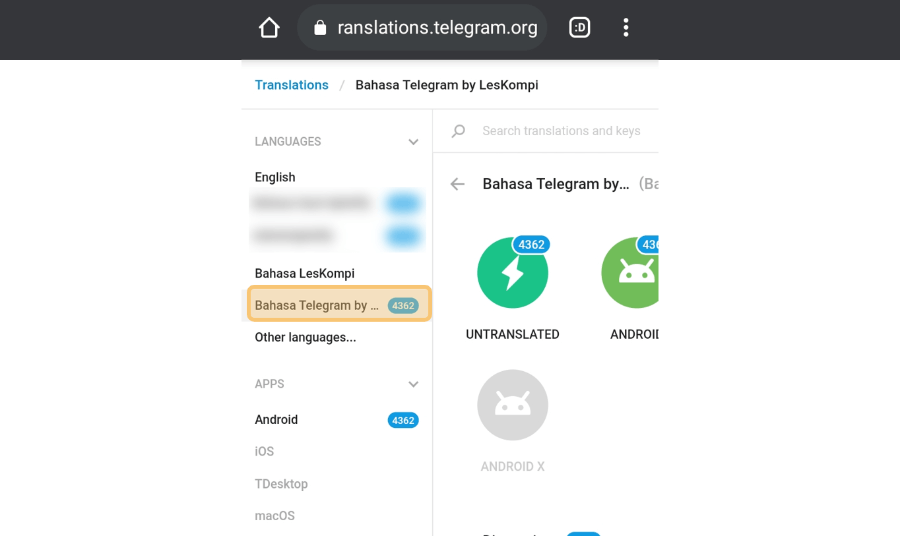 Memilih Bahasa di Telegram Translations