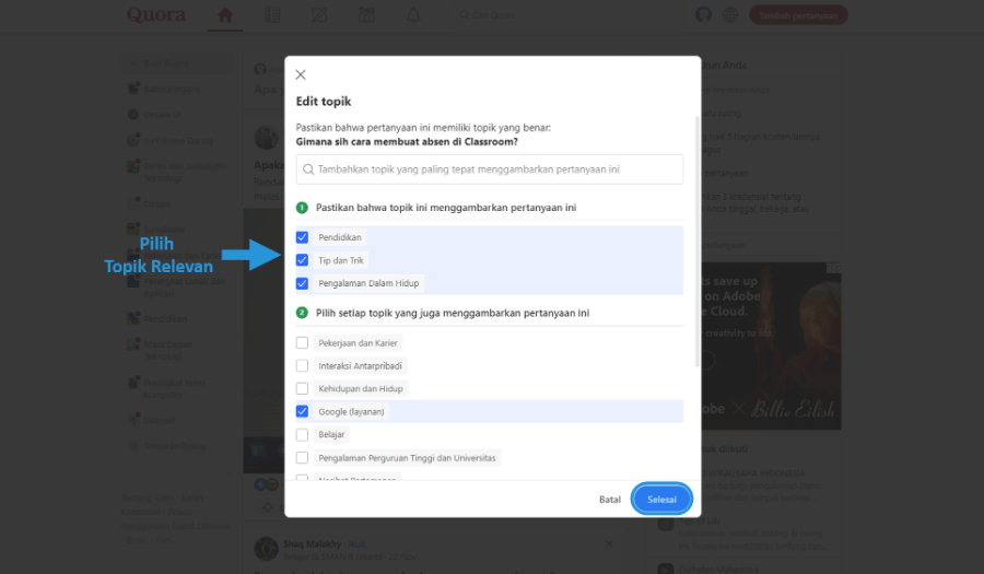 Pilih Beberapa Topik Relevan di Quora