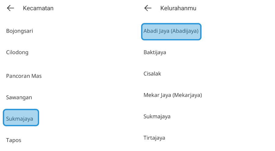 Pilih Menu Kecamatan dan Kelurahan