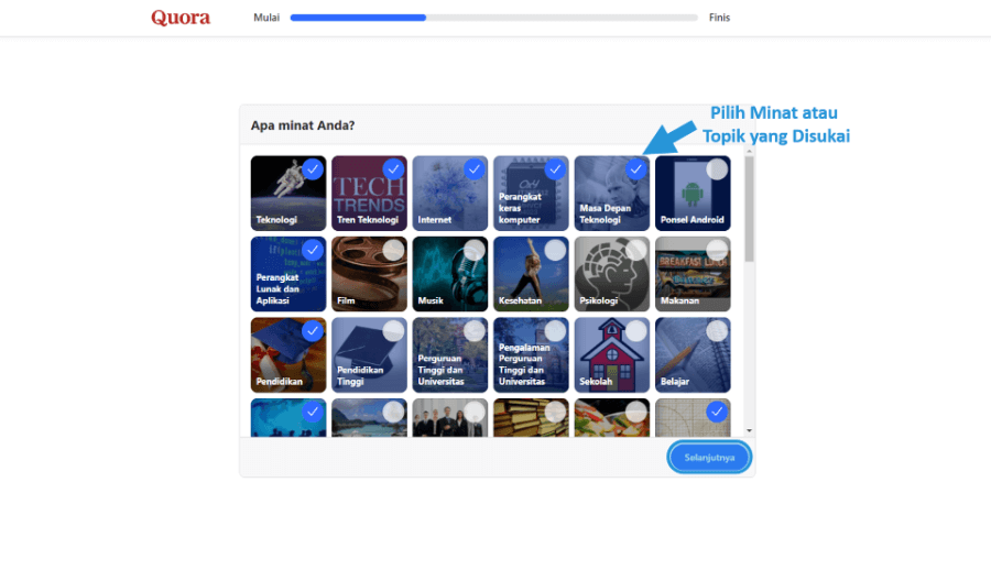 Pilih Minat di Quora