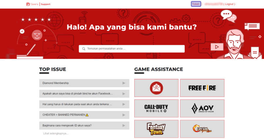 Klik Opsi Ticket di Garena