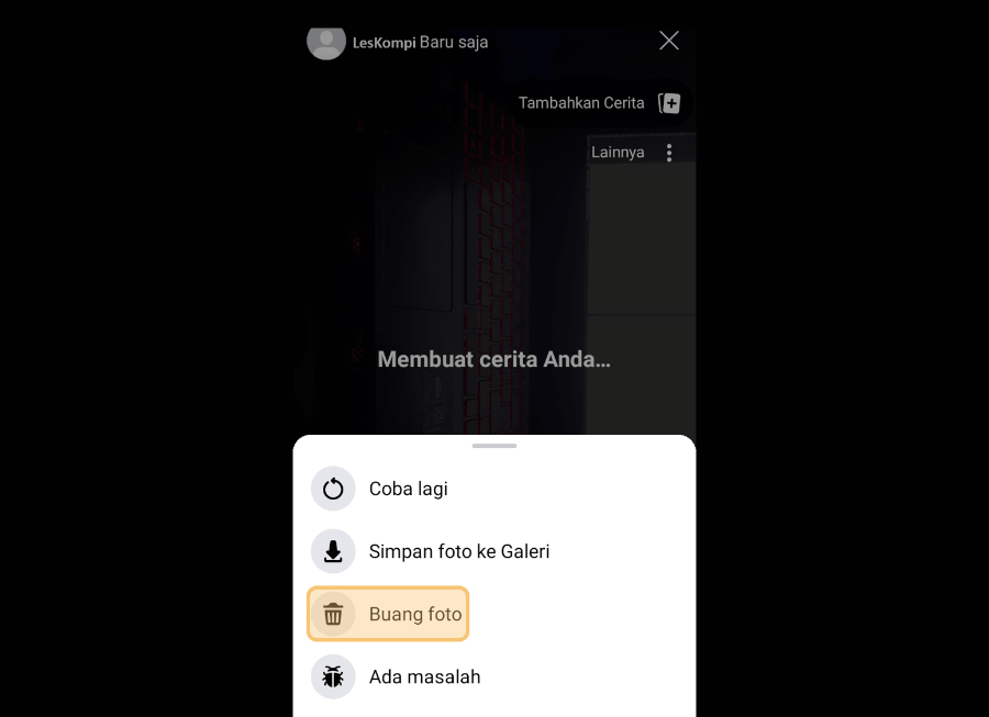 Pilih Buang Foto di FB Story