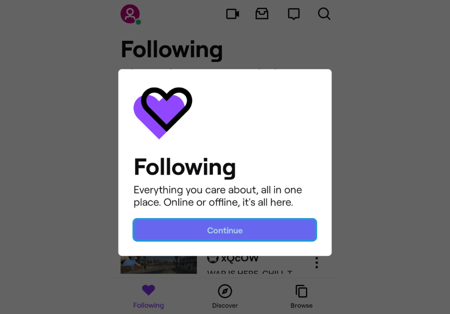 Pilih Continue di Dashboard Twitch