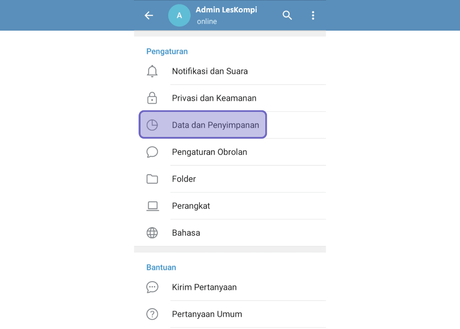 Pilih Menu Data dan Penyimpanan