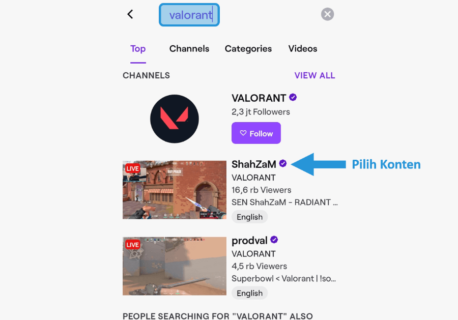 Memilih Konten di Twitch