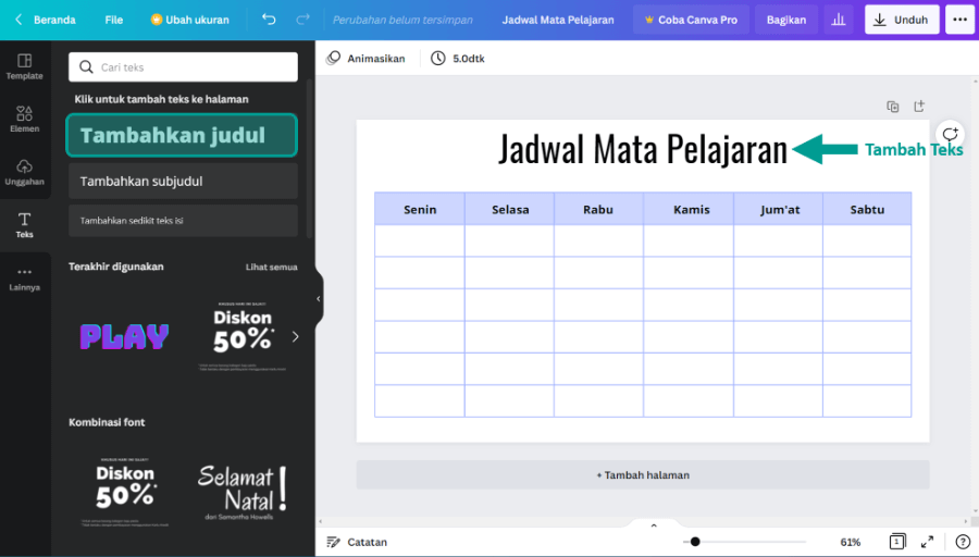 Tambahkan Teks di Tabel Canva