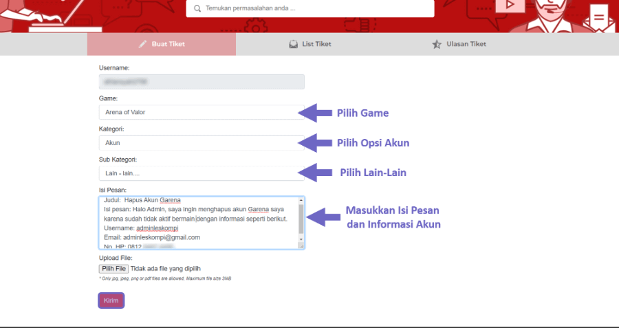 Tekan Tombol Kirim Ticket Garena