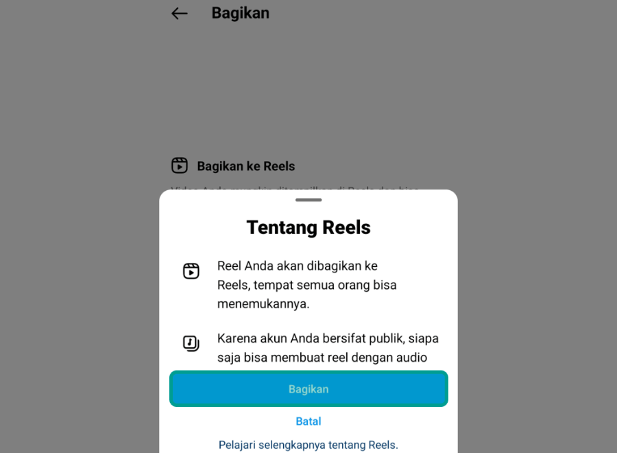 Menu Bagikan Konten Reel