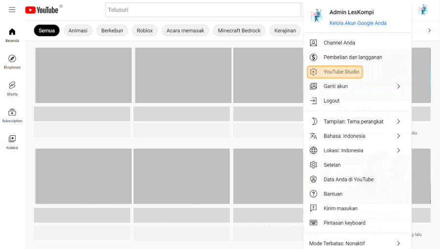 Menu Youtube Studio