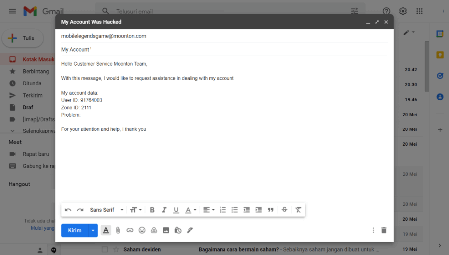 Kirim Email ke CS Moonton