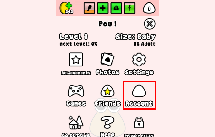 Menu Account di Pou