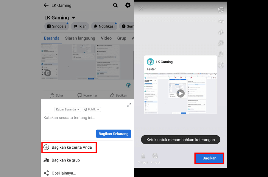 Bagikan Live ke Beranda atau Cerita