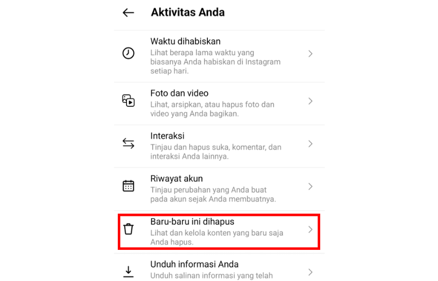 Menu Recently Deleted