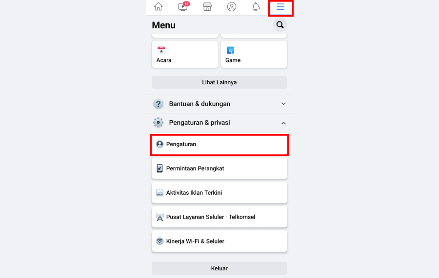 Menu Pengaturan FB